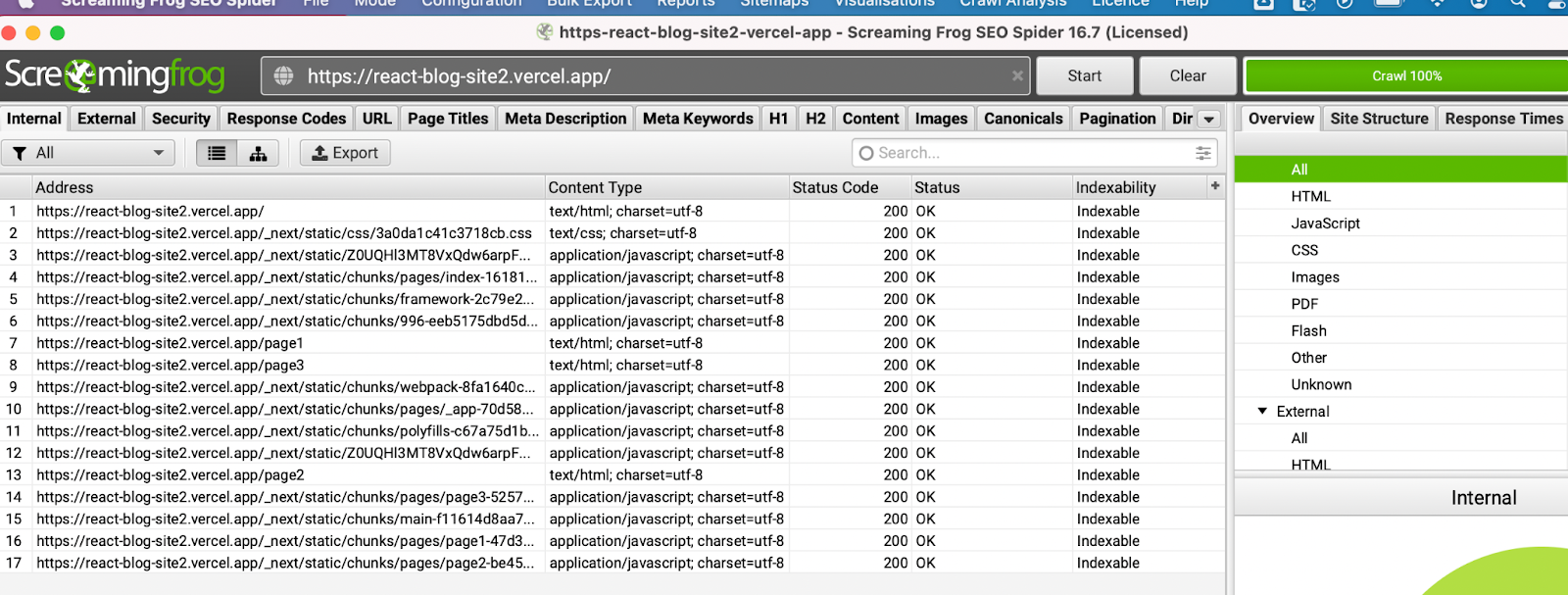 Screaming Frog crawl of Next.js site