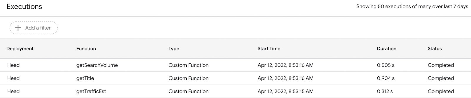 Apps Script execution log