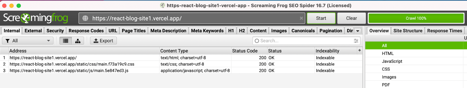 Screaming frog crawling a React site