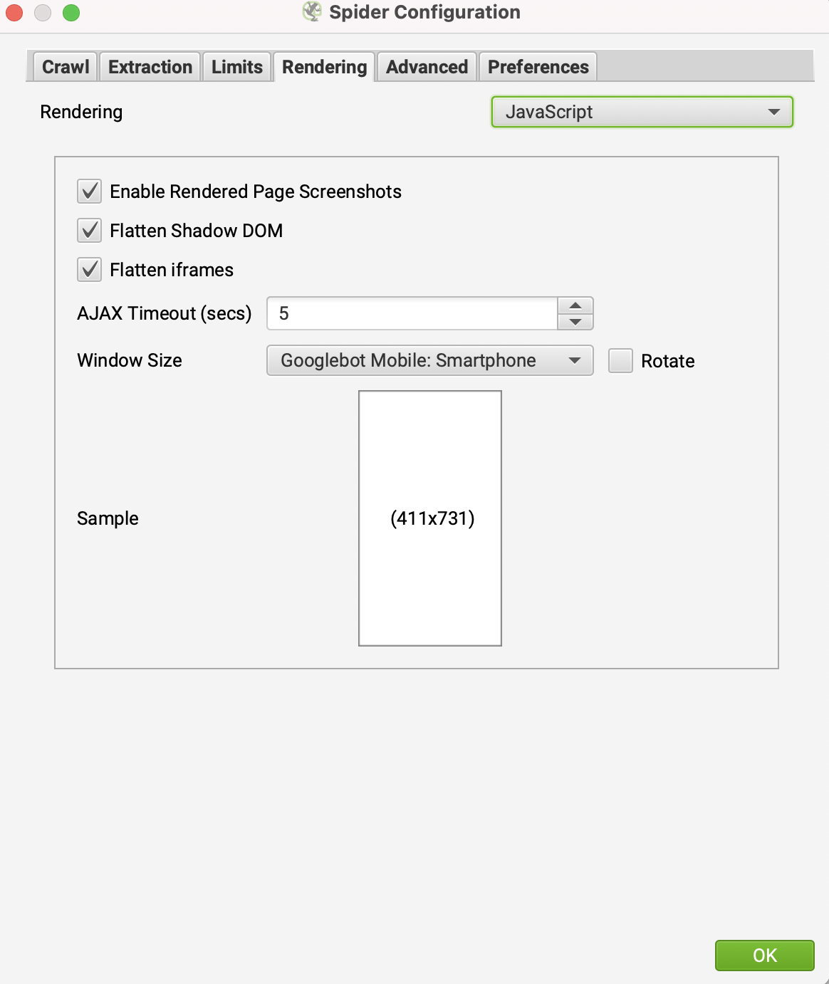 Screaming Frog Configuration to render JavaScript